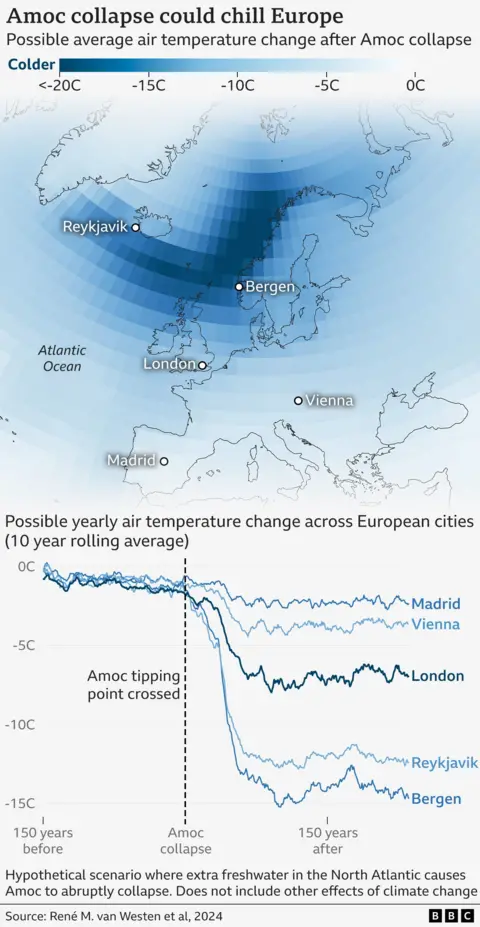 Map showing possible effects of an Amoc collapse on European temperatures, excluding other effects of climate change. The UK and north-west Europe are shaded in the darkest blues, showing greatest cooling. Below the map is a graph showing the possible yearly air temperature change across European cities after an Amoc tipping point is crossed. Within about 50 years, Madrid and Vienna cool by 2-4C, London cools by about 7C, and Reykjavik and Bergen cool by 12-14C. 