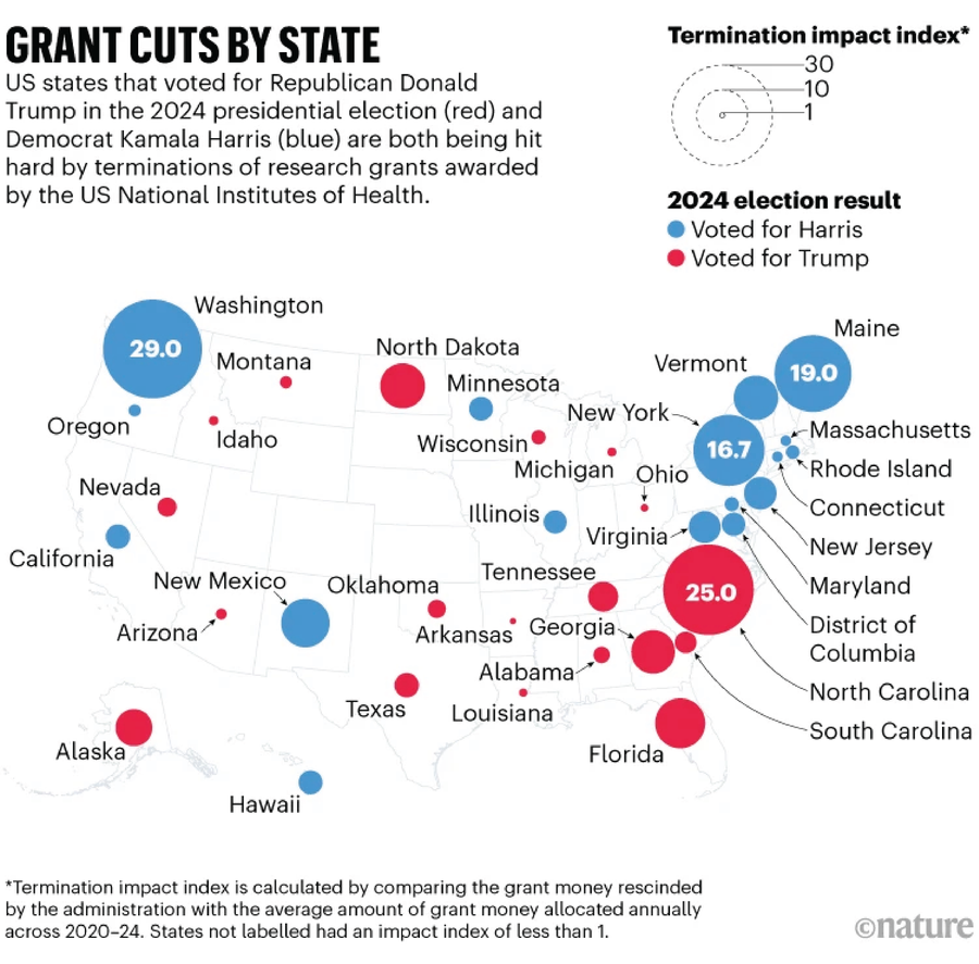 Grant cuts by state. Map of the United States showing termination impact index and the 2024 election result for individual states. States that voted for Republican Donald Trump in the 2024 presidential election and Democrat Kamala Harris are both being hit hard by terminations of research grants awarded by the US National Institutes of Health.