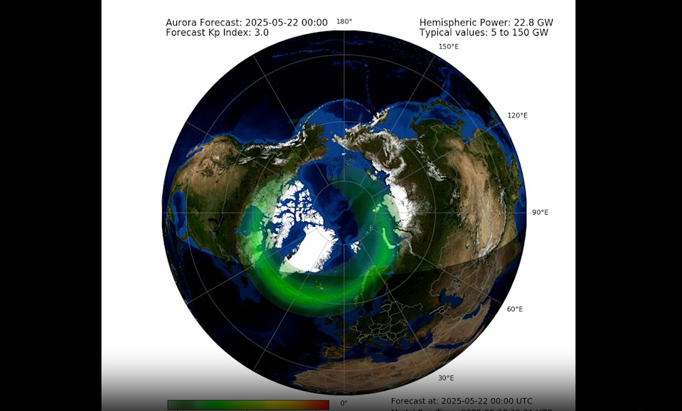 The Met Office's aurora forecast for Thursday, 22 May 2025, shows Northern Lights over the UK and Ireland (Met Office)