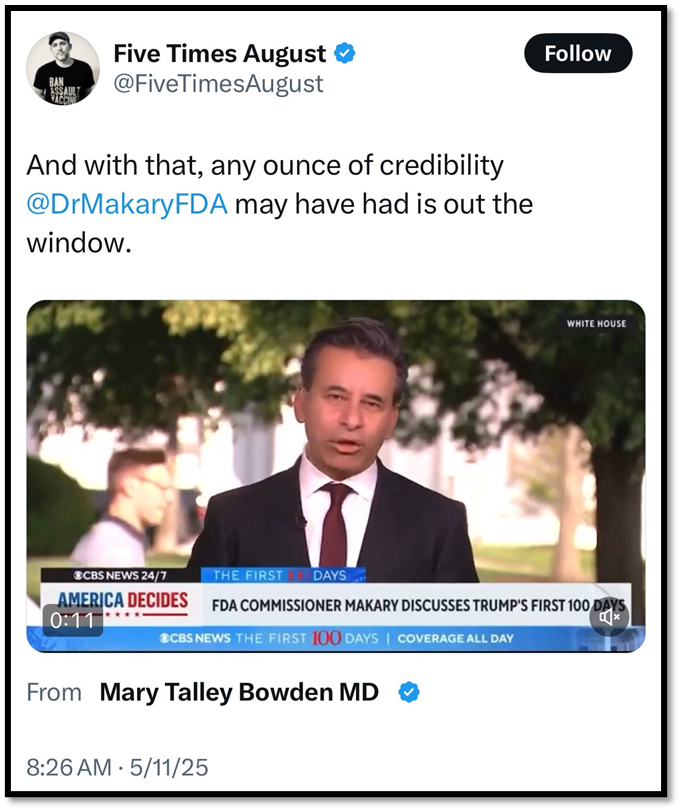 Screenshot of a tweet by Five Times August with a video of a news segment showing a man in a suit reporting outside, discussing the FDA Commissioner; tweet questions Dr. Makary's credibility.