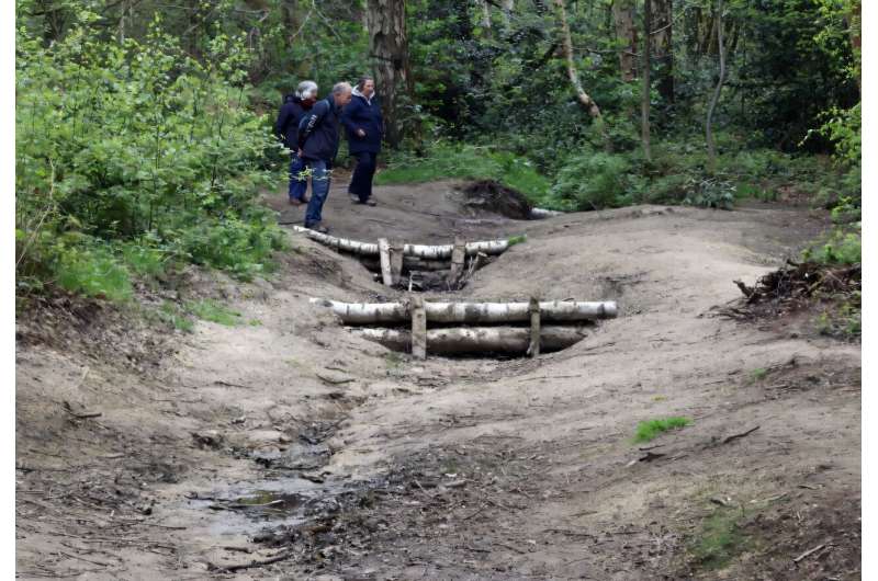 Walkers look at leaky dams which form part of a natural flood management scheme at Beacon Hill near Loughborough. Walkers look at leaky dams which form part of a natural flood management scheme at Beacon Hill near Loughborough