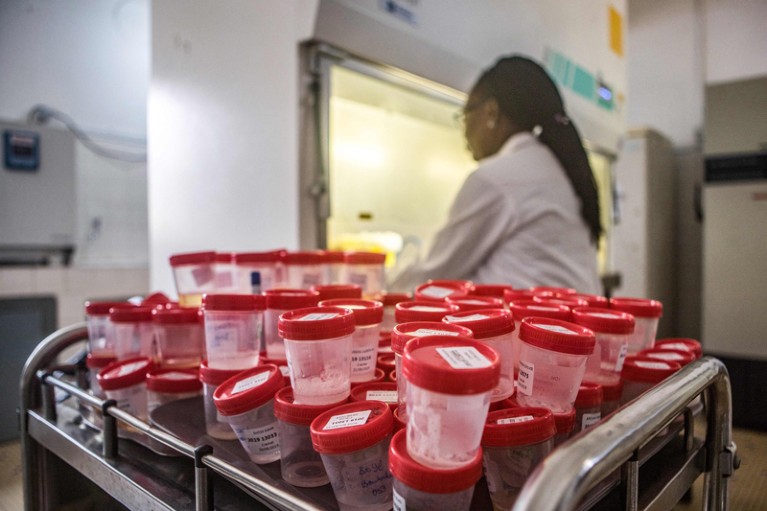 A lab worker working a fume hood behind a trolly loaded with specimen pots with red lids