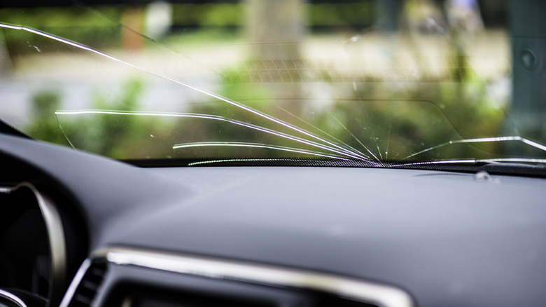 Inside view of a car's cracked windshield