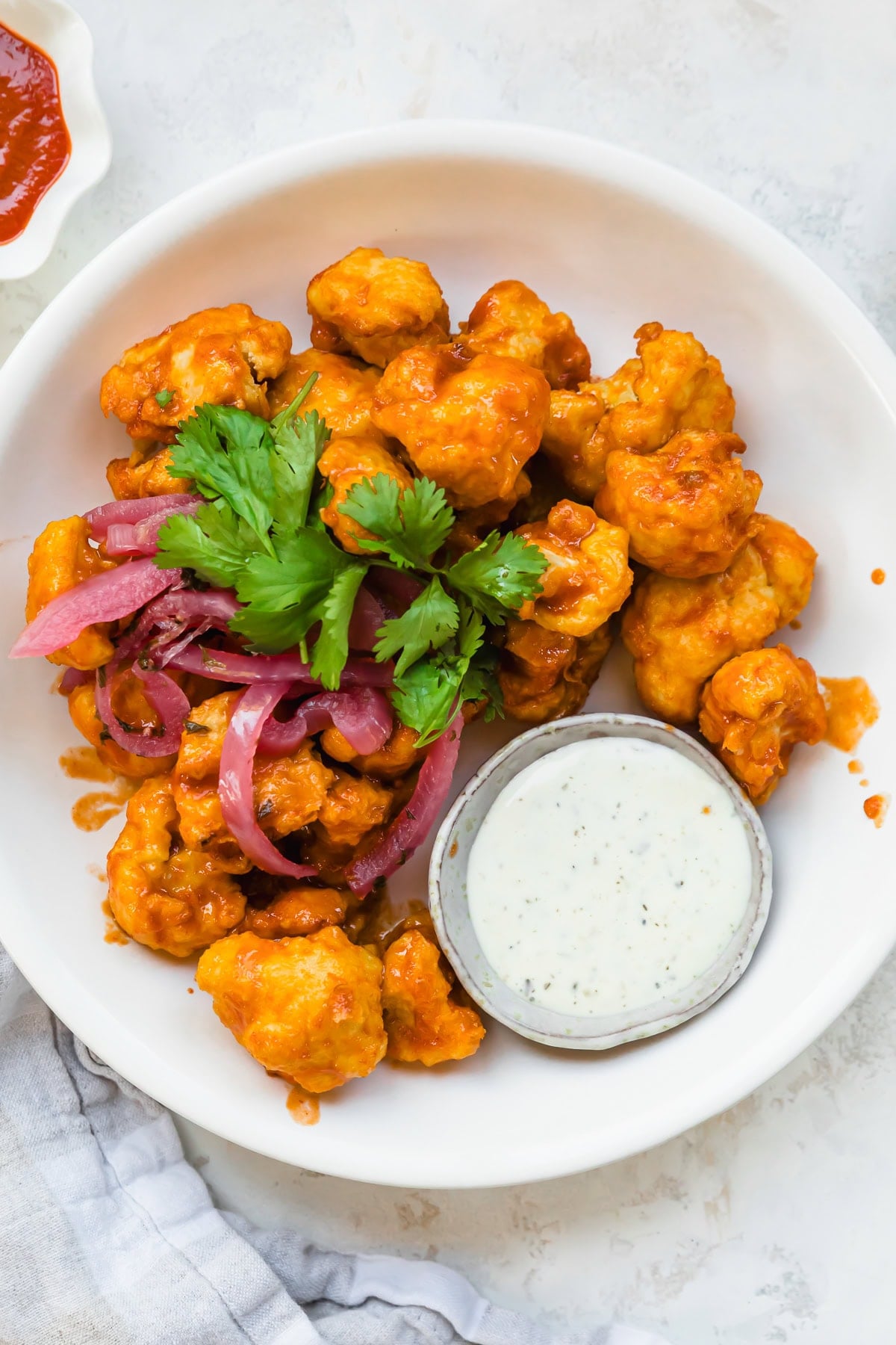 Air Fryer Cauliflower Wings with Honey Sriracha and dipping sauce
